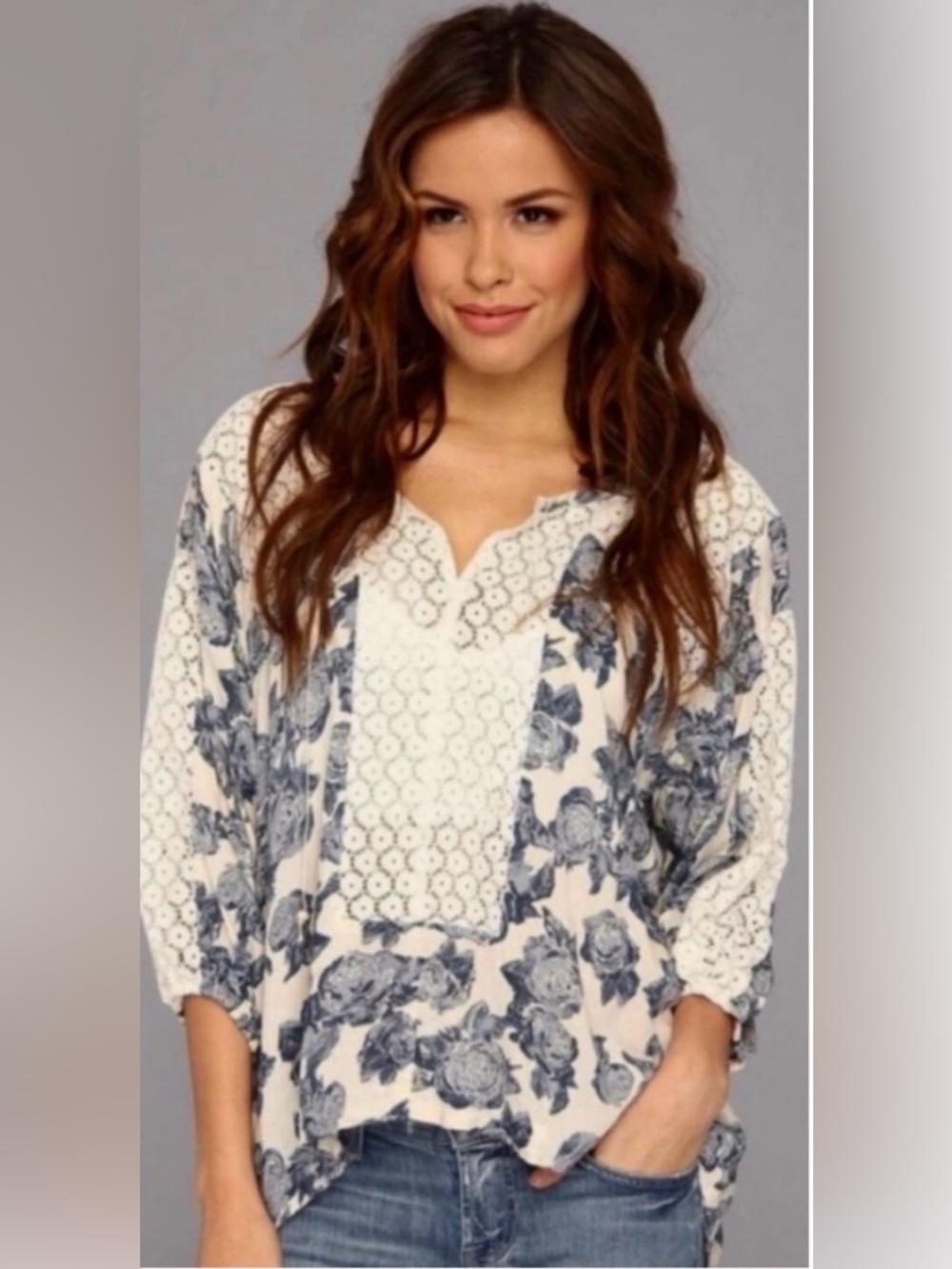 Free people White Floral Lace-Panel Women's Blouse
